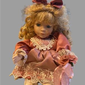 Vintage Collectors Choice Pink Porcelain Doll with Lace Detailing